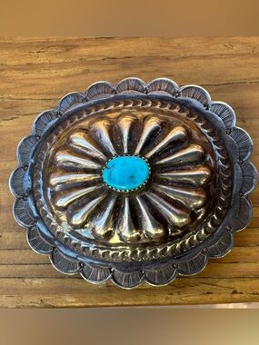Silver belt buckle with turquoise